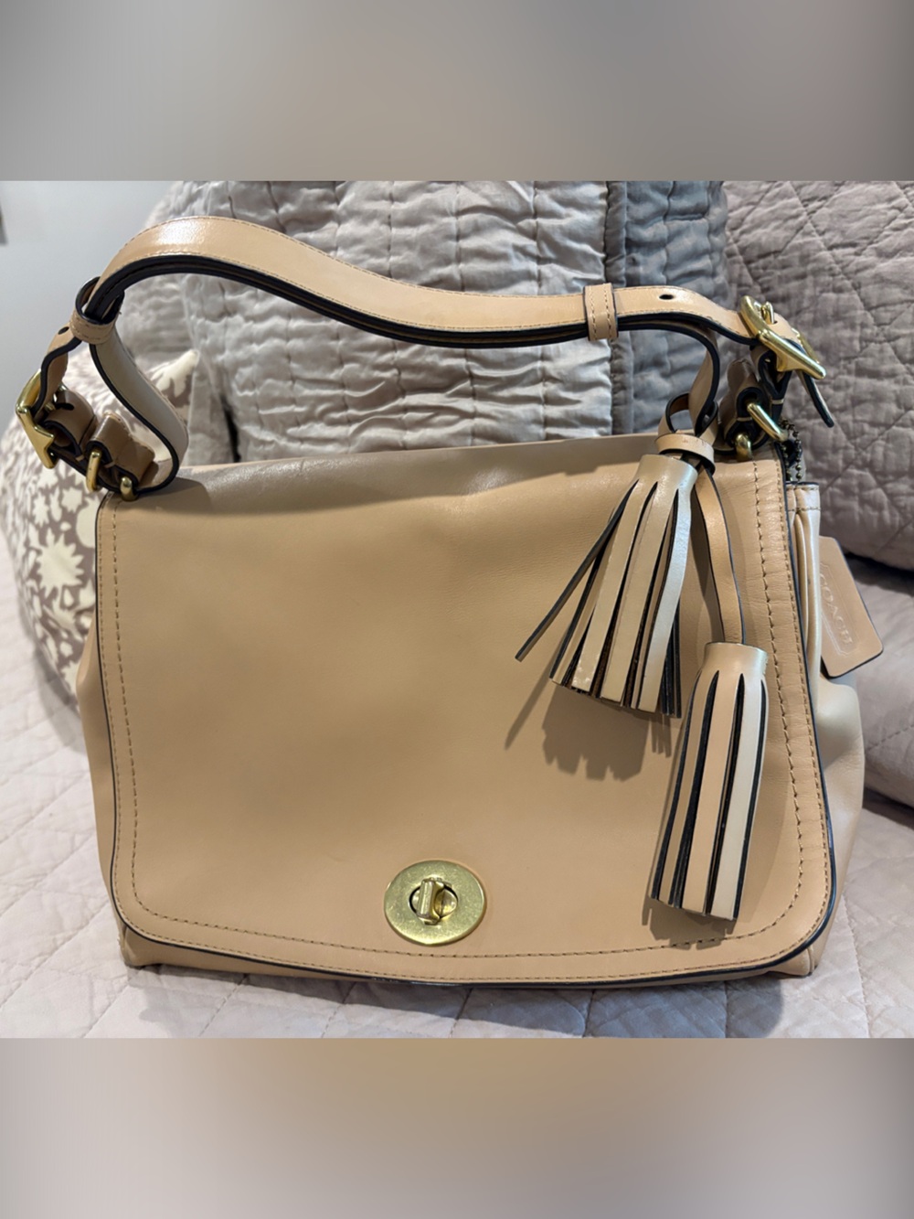 Coach Tan Leather Shoulder Bag with Tassels